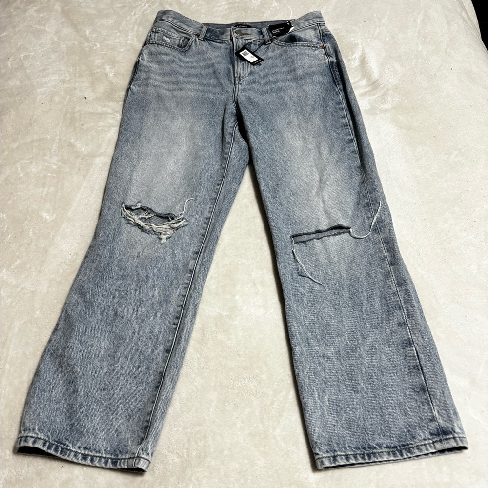 Womens Express Jeans Short Straight Ankle High Rise Distressed Light Wash Size 8